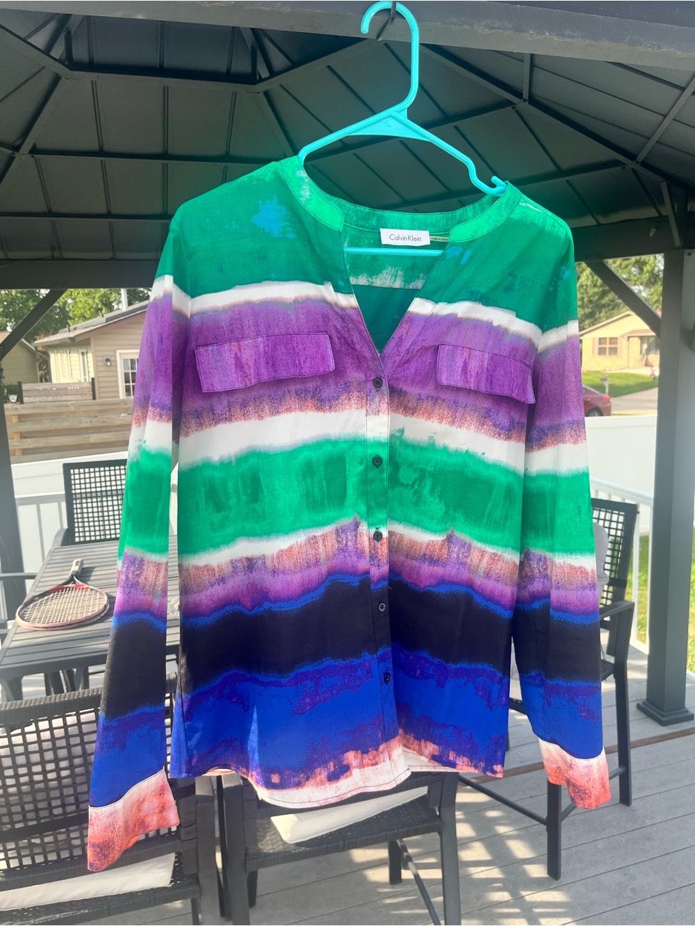 Calvin Klein Green Purple Blue Striped V-Neck Button Blouse